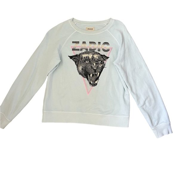 ZADIG & VOLTAIRE SEQUINS TIGER HEAD SWEATSHIRT LIGHT BLUE  SIZE 14/S - Picture 7 of 9